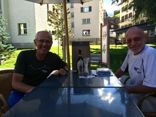 René Pletschet and Run the Alps' Doug Mayer visit in Zermatt, a few weeks after Pletschet raced the double vertical kilometer in town. 