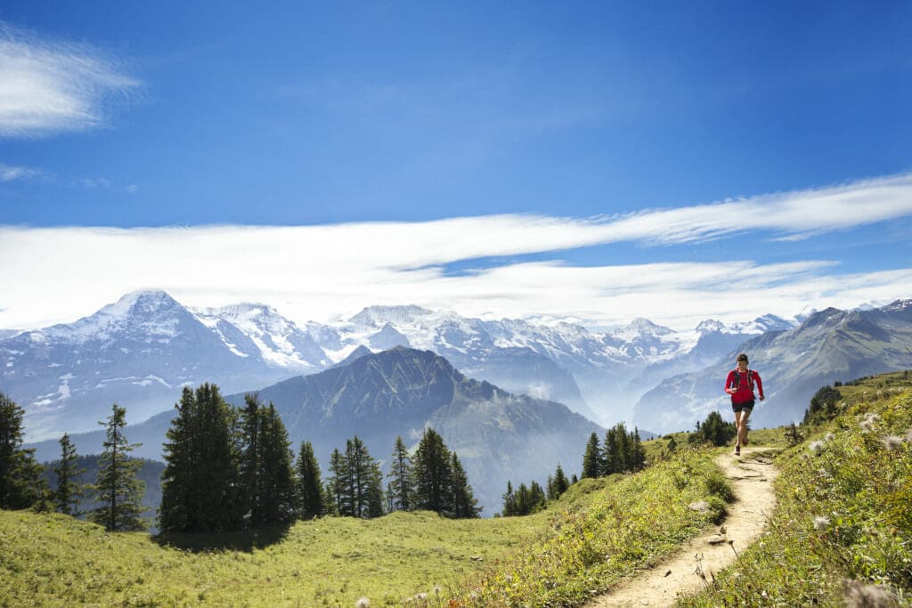 Run the Alps area specialist Jim Maddock rail running at the Schynige Platte with big views of the Berner Oberland. Interlaken, Switzerland. Photo by PatitucciPhoto. 