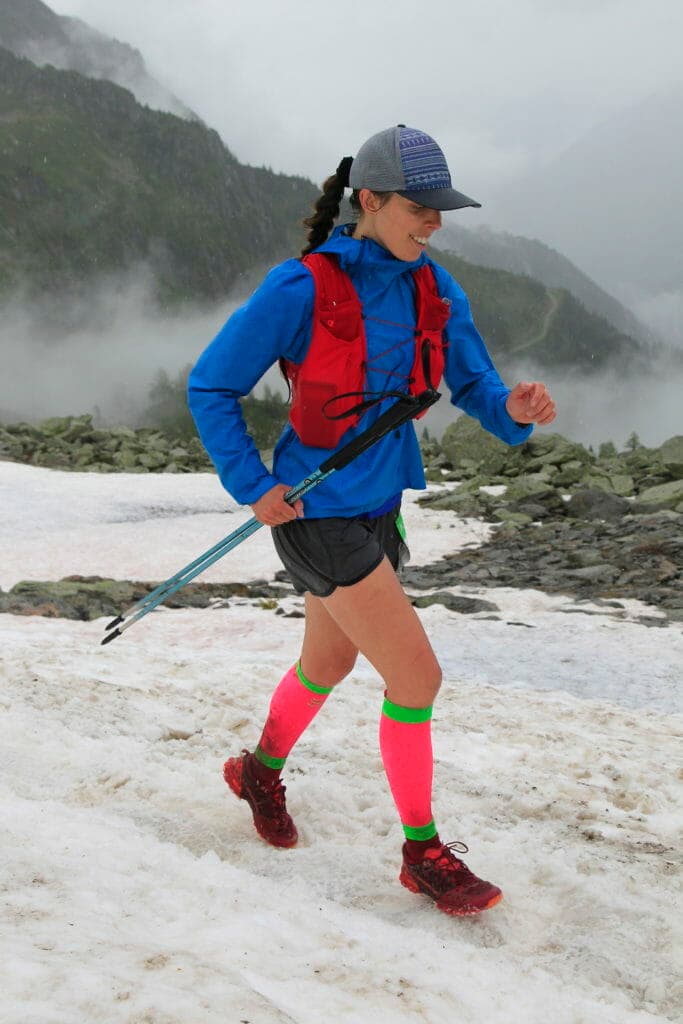 Jen Stretton running on snow in foul weather