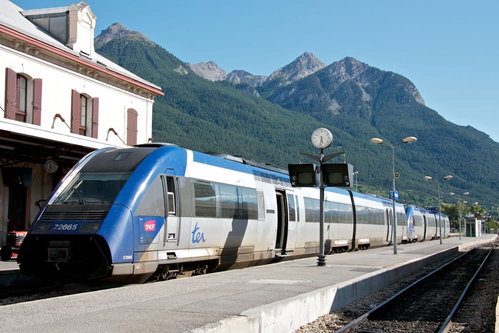 Train with mountains.
