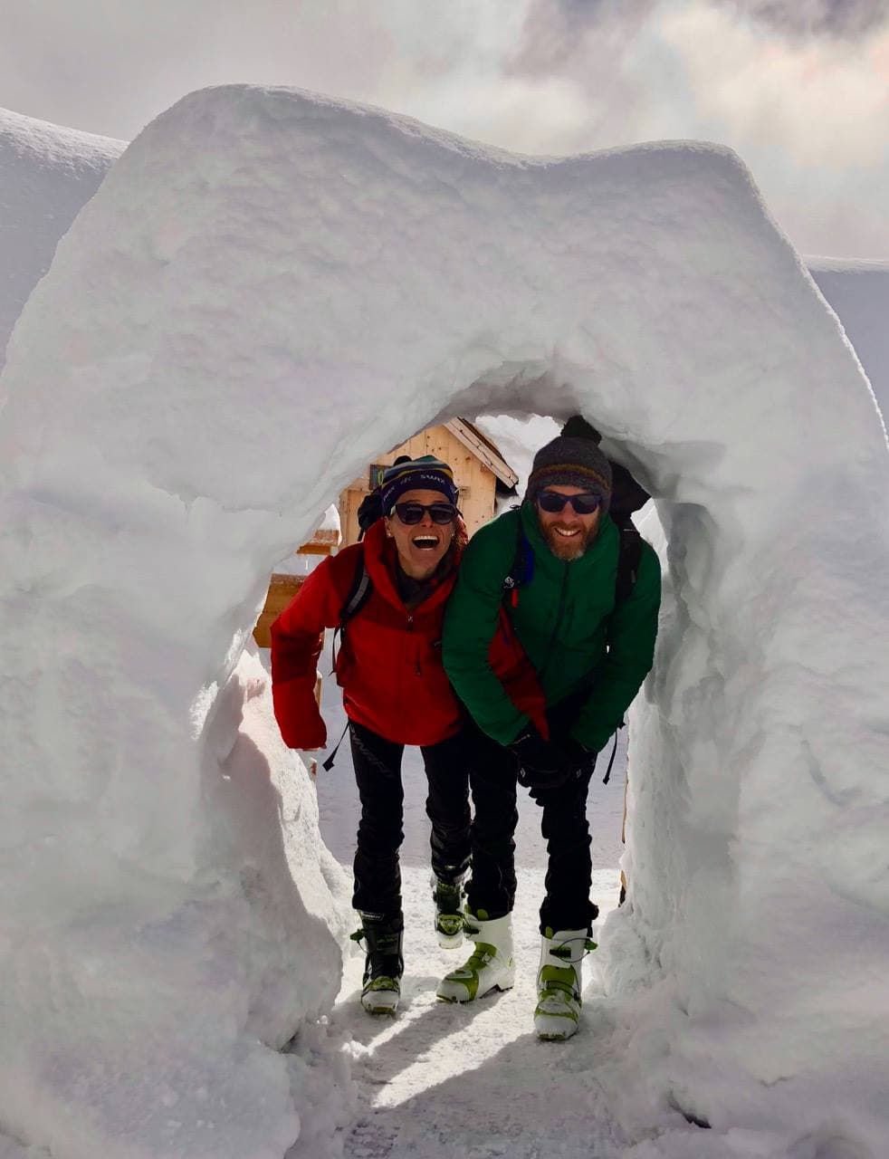 Run the Alps Guide Alister Bignell and Kate at the Loriaz Hut, French Alps