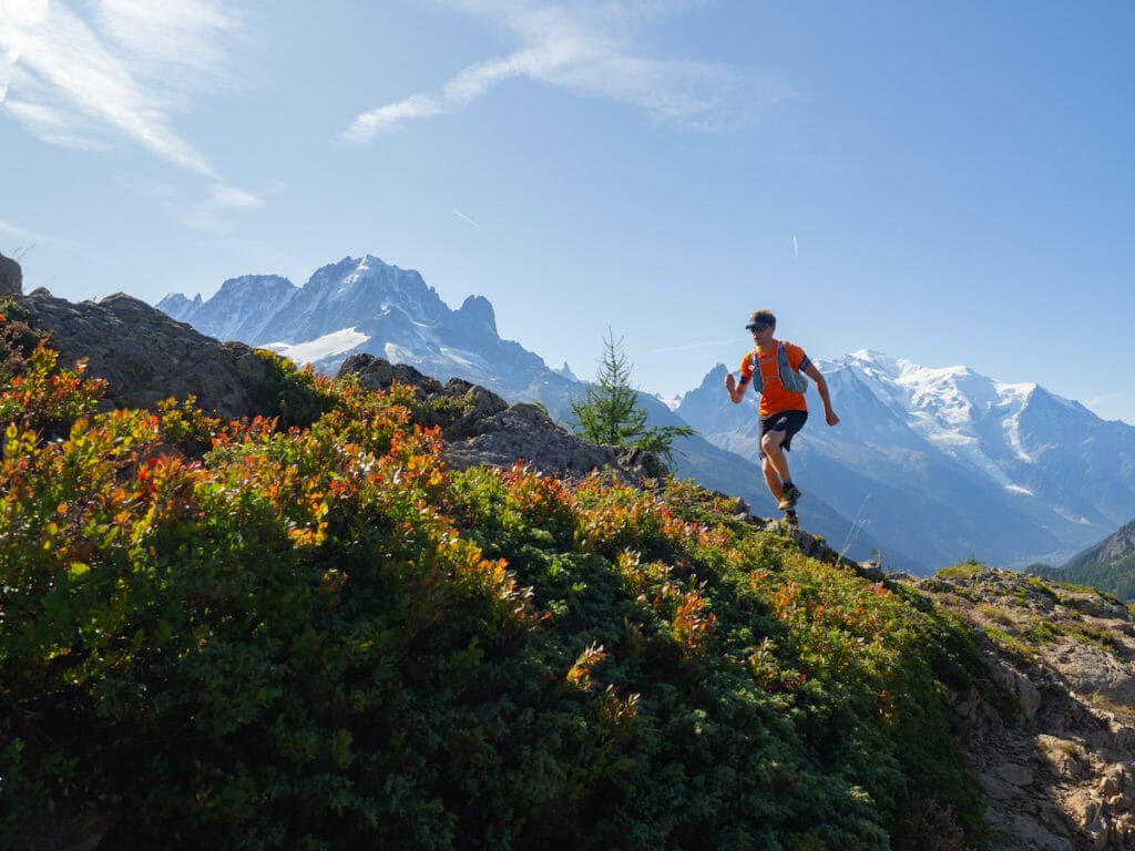 Trail runner moving up the Aiguillette des Posettes