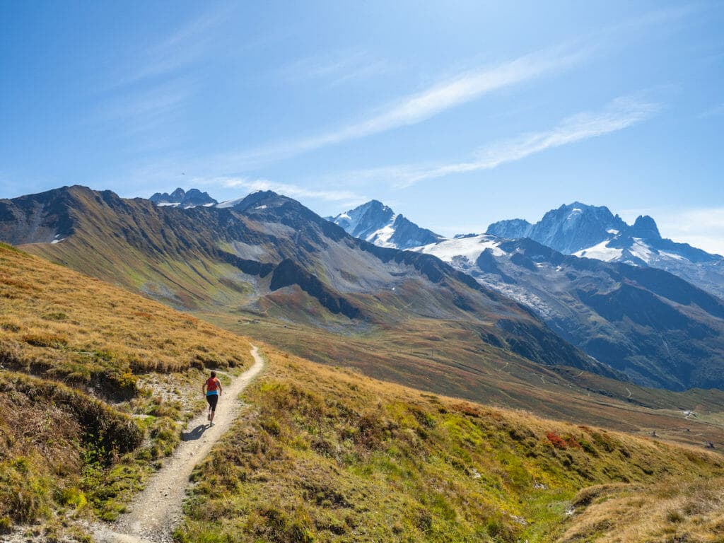 Trail runner cruising towards the Col de Balme, above Le Tour