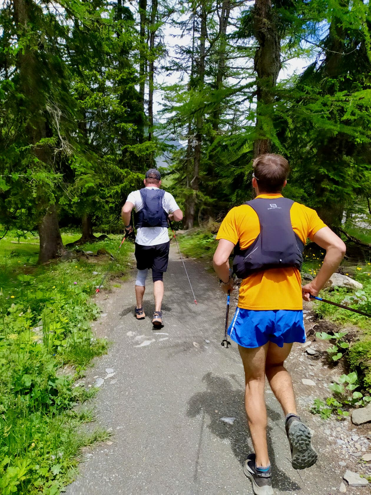 Two runners running through a forest.