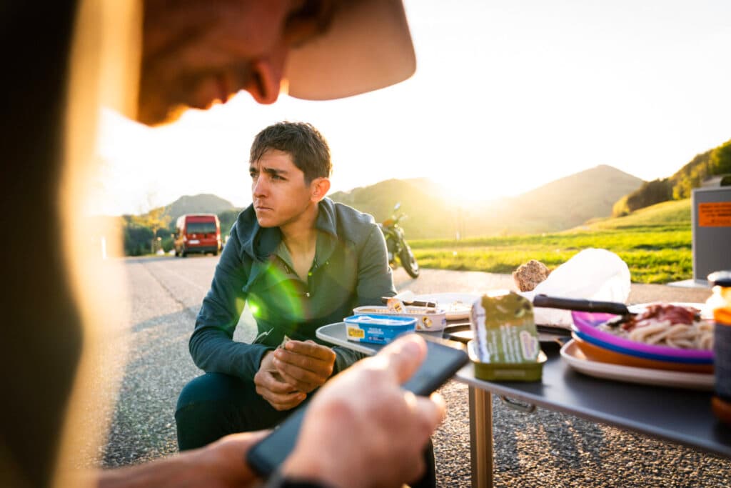 Xavier Thévenard at a parking lot spaghetti dinner.
