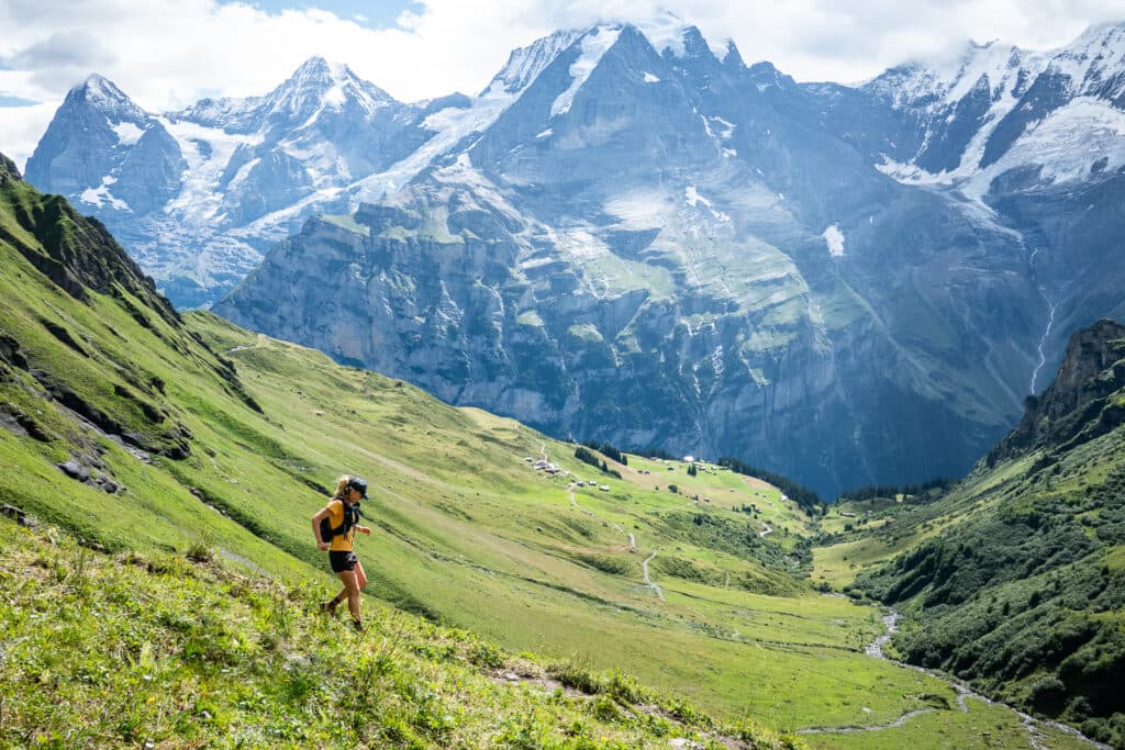 dropping fast running downhill in the alps