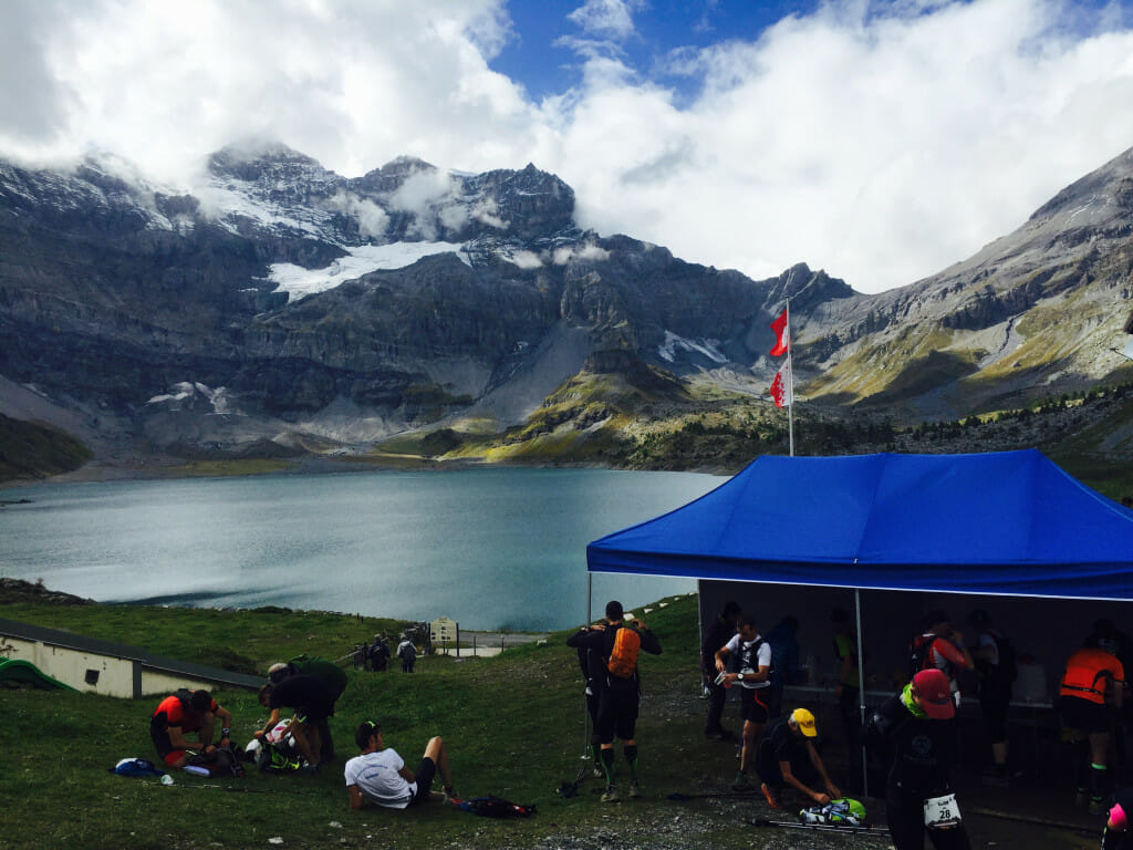 Taking a break at the Lac Salanfe aid station, on the wilder "backside" of the Dents du Midi range. 