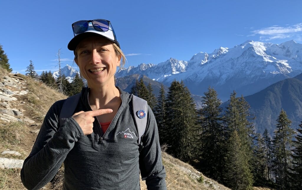 Emily Geldard, Run the Alps guide in front of the Mont Blanc massif.