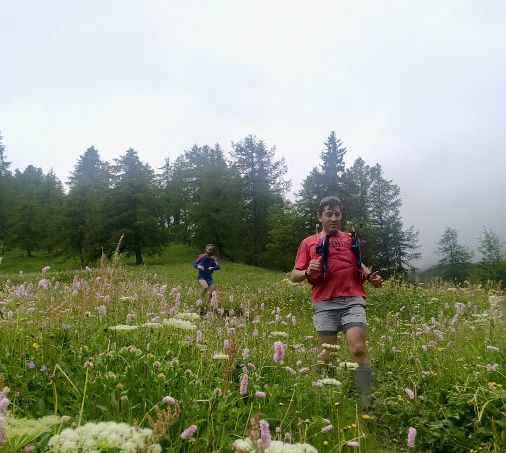 Two male trail runners moving through a pasture with fog in the background