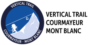 Vertical Trail Courmayeur Mont Blanc Logo bluw with white mountain, skilift and trailrunner cartoon