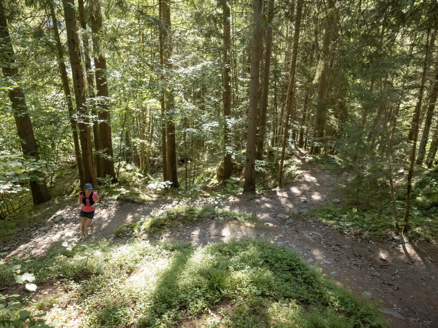 Runner running up hill in forest