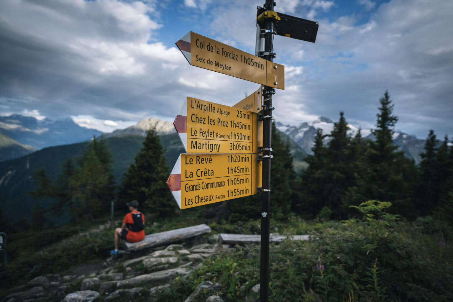 hiking signposts with runner sitting taking a break