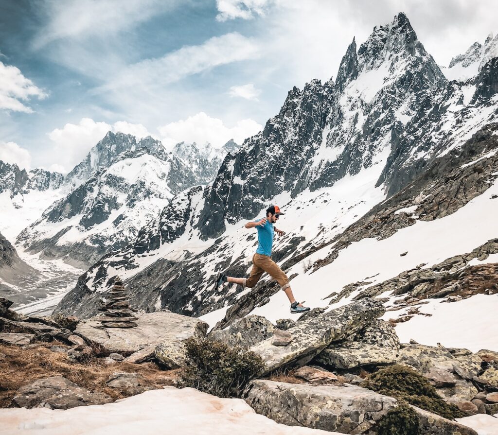 Antonio Positano running above Montenvers near Chamonix in France