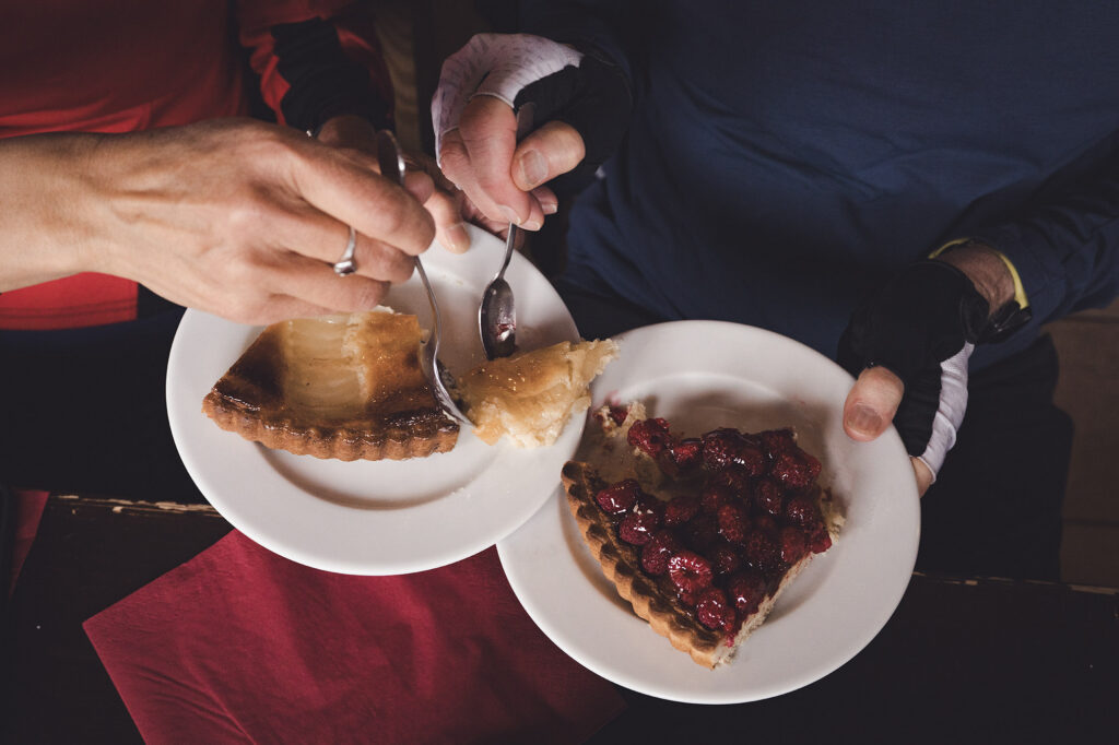 apple and raspberry pie slices at a mountain hut