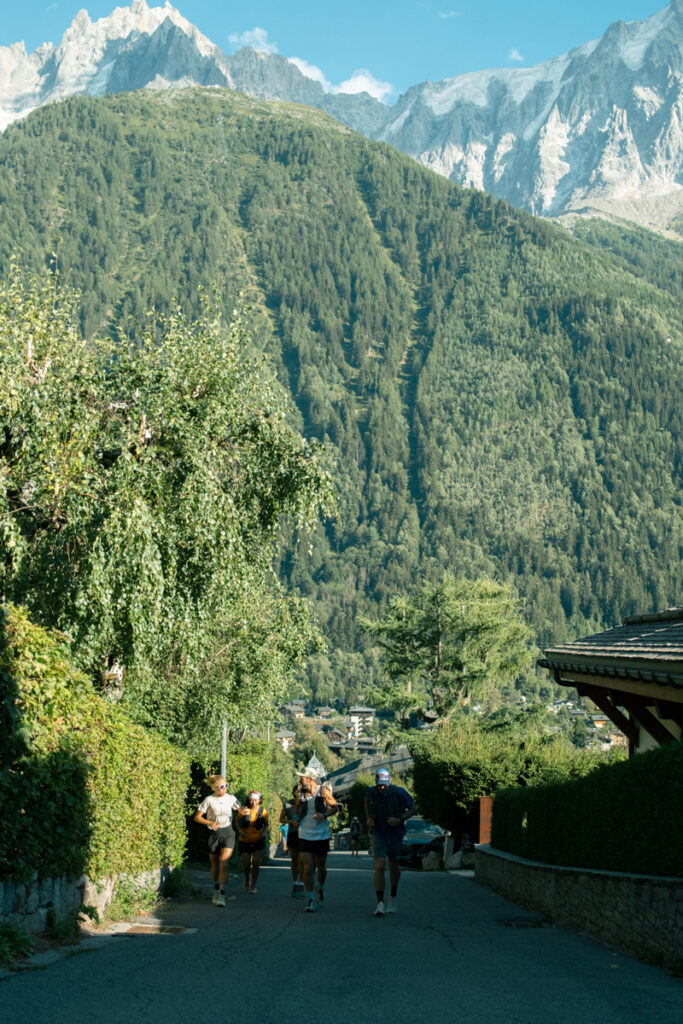 Rachel Entrekin running with small group in Chamonix