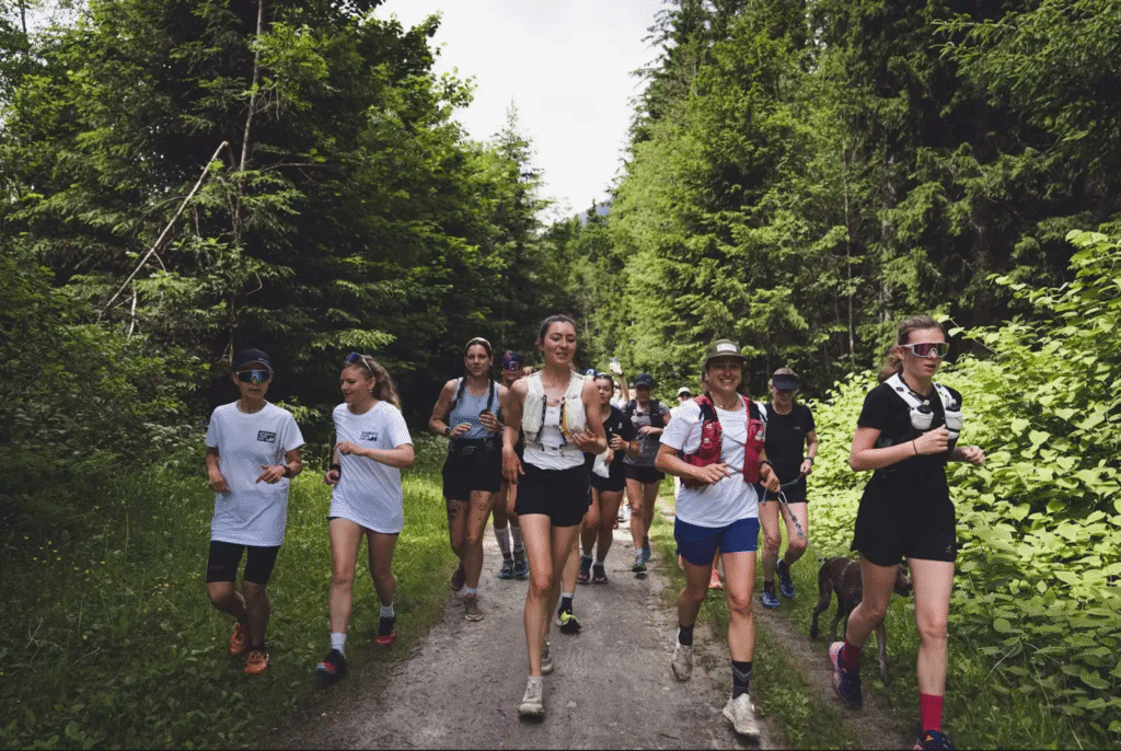 ladies running on wide trail