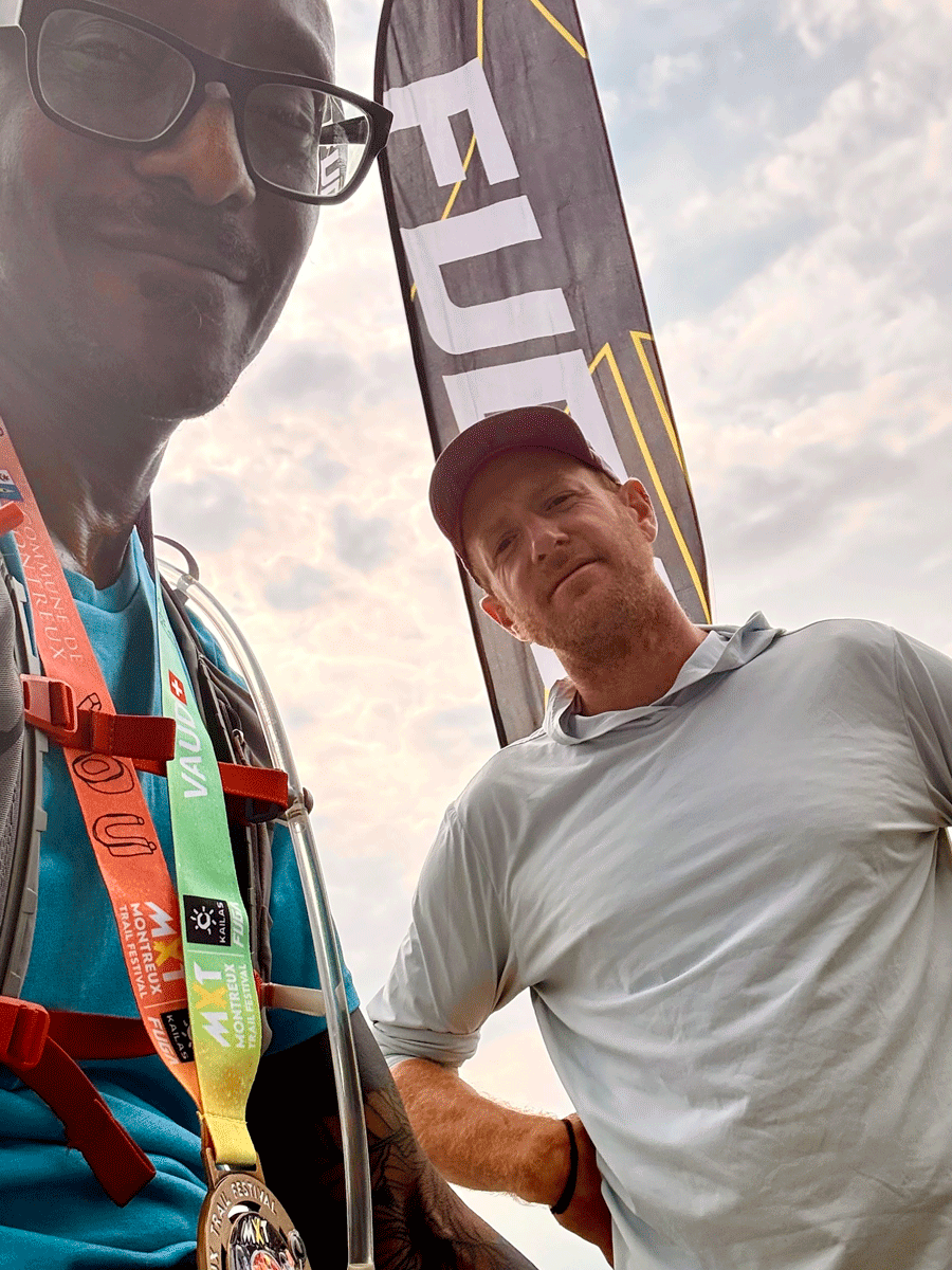 Gregory Gourdet and WIllie McBride at the finish line Montreux trail fest